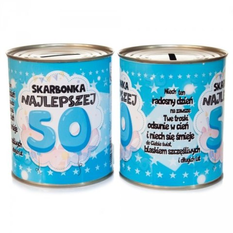 Skarbonka metalowa urodzinowa z napisem "Skarbonka Najlepszej 50"