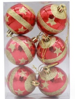 Bombki 6cm CZERWONE w złote gwiazdki 6szt. | XVA-107