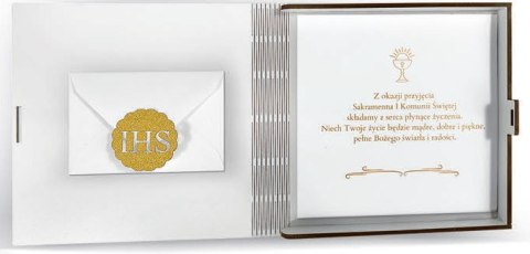 Kasetka kwadrat (życzenia + kopertka) 16 x 16cm KOMUNIA ŚW Złoty Kielich