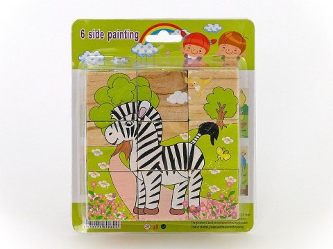 Układanka drewniana 10x10cm kwadratowe kostki 3,5x3,5cm z obrazkami zwierząt, 4 różne obrazki