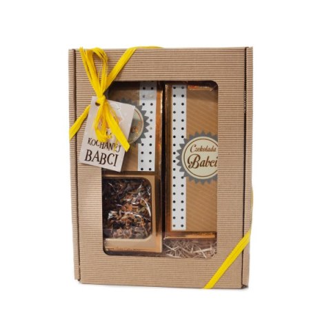 Zestaw prezentowy DLA BABCI Czekolada i Herbata kwiatowa , wzór kropeczki w ozdobnym pudełku z tektury falistej.