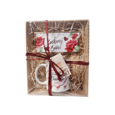 Zestaw prezentowy DLA KOCHANEJ BABCI - Kubek i czekolada z motywem róży