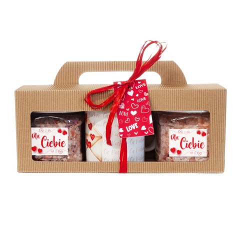 Zestaw prezentowy - kubek "KOCHAM CIĘ" - sól himalajska + płatki róż w ozdobnym opakowaniu