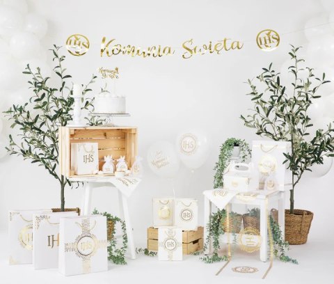 Balony komunijne biodegradowalne Komunia Święta IHS biało-złote 12cali 6szt. 127599