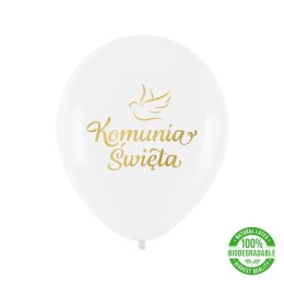 Balony komunijne biodegradowalne Komunia Święta biało-złote 12cali 100szt. 128886