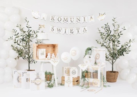 Balony komunijne biodegradowalne Komunia Święta biało-złote 12cali 100szt. 128886