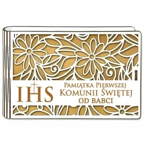 Pudełko na pieniądze banknotówka KOMUNIA - od BABCI - Ażur 3302A-KOM2Z-B