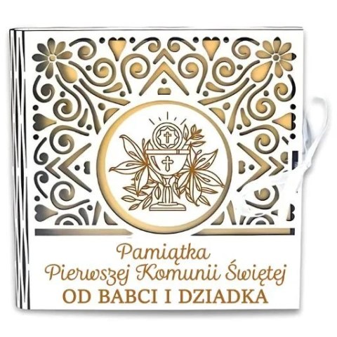 Pudełko na pieniądze kwadrat KOMUNIA - od BABCI i DZIADKA - Ażur 308A-KOM1Z-BD