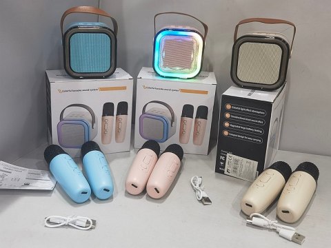 Karaoke, zestaw 2 mikrofonów z głośnikiem bluetooth 8,5 x 8,5 x 7cm z kablem USB