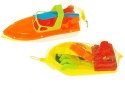 Zabawki do piasku 5 części, łódka 25 x 12 x 10cm z foremkami, łopatka i grabki