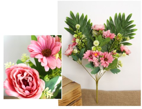 Bukiet mieszany PIWONIA, GERBERA wys. 39 cm, 7 łodyg (7 kwiatów 7-6 cm) RÓŻOWY MZ-406B