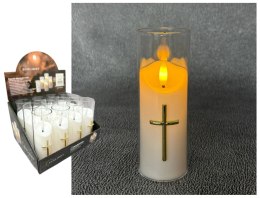 Znicz wkład led świeca plastik z migającym płomieniem złoty krzyż światło ciepłe 5,5 x 15 cm AE-A7094