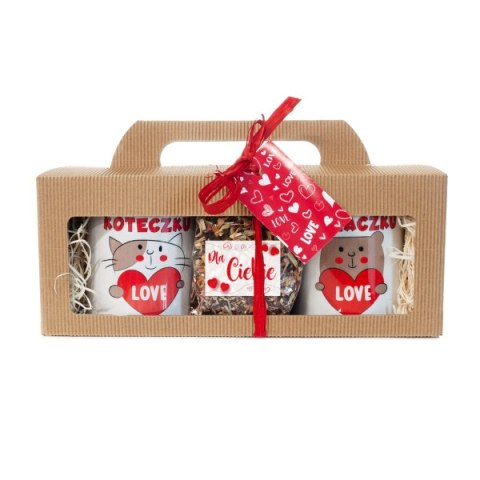Komplet dwóch kubków "KOCHAM CIĘ KOTECZKU"," KOCHAM CIĘ MISIACZKU" + herbatka w ozdobnym opakowaniu