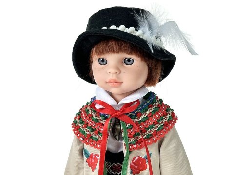 Lalka chłopiec 38cm w góralskim stroju ludowym z ciupagą dł.16cm z polskim głosem śpiewa i mówi po polsku,twarda
