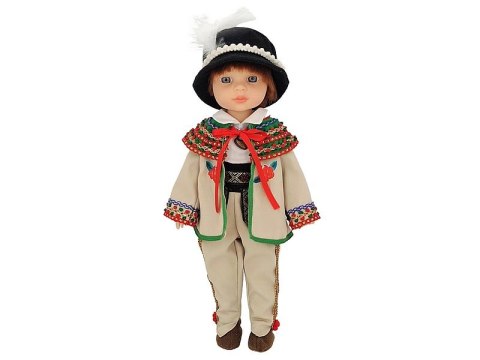 Lalka chłopiec 38cm w góralskim stroju ludowym z ciupagą dł.16cm z polskim głosem śpiewa i mówi po polsku,twarda