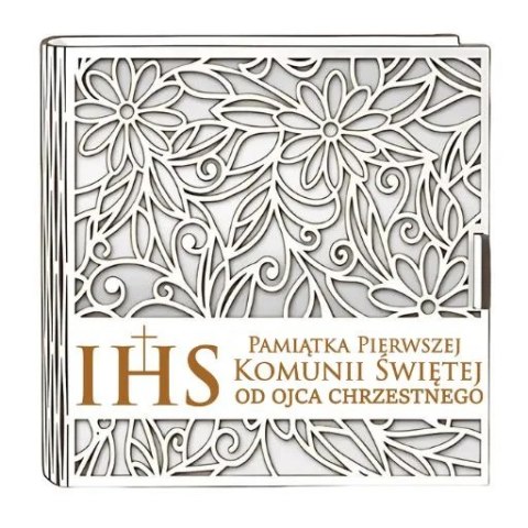 Pudełko na pieniądze kwadrat KOMUNIA - od OJCA CHRZESTNEGO - Ażur 3308A-KOM2B-OC