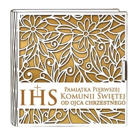 Pudełko na pieniądze kwadrat KOMUNIA - od OJCA CHRZESTNEGO - Ażur 3308A-KOM2Z-OC